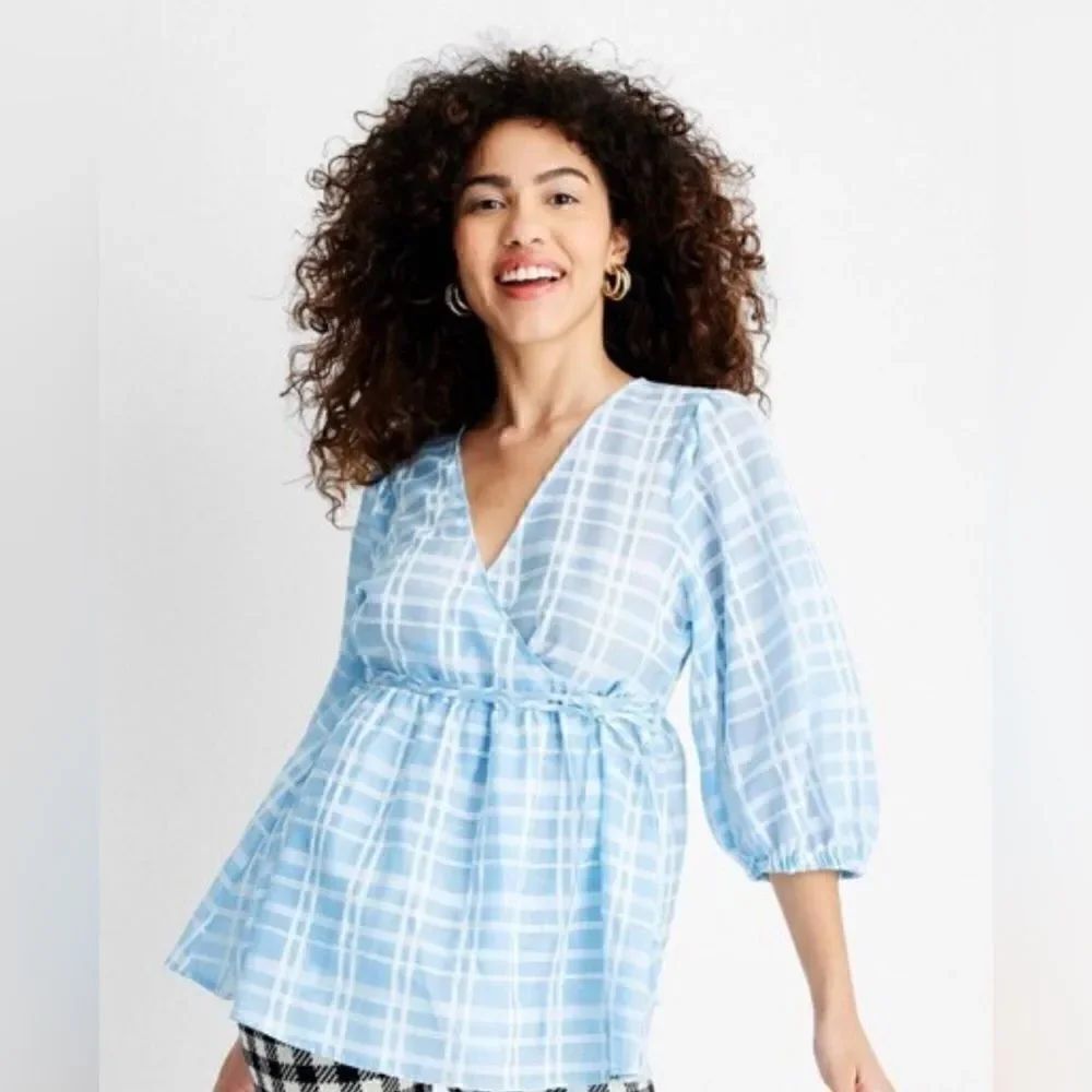 Future Collective with Gabriella Women's Gingham 3/4Sleeve Wrap Blouse Sz M NWOT